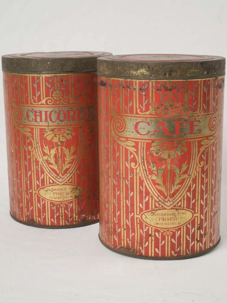 Antique Pair of French Tin Canisters - Café & Chicorée, Red - 10¾"