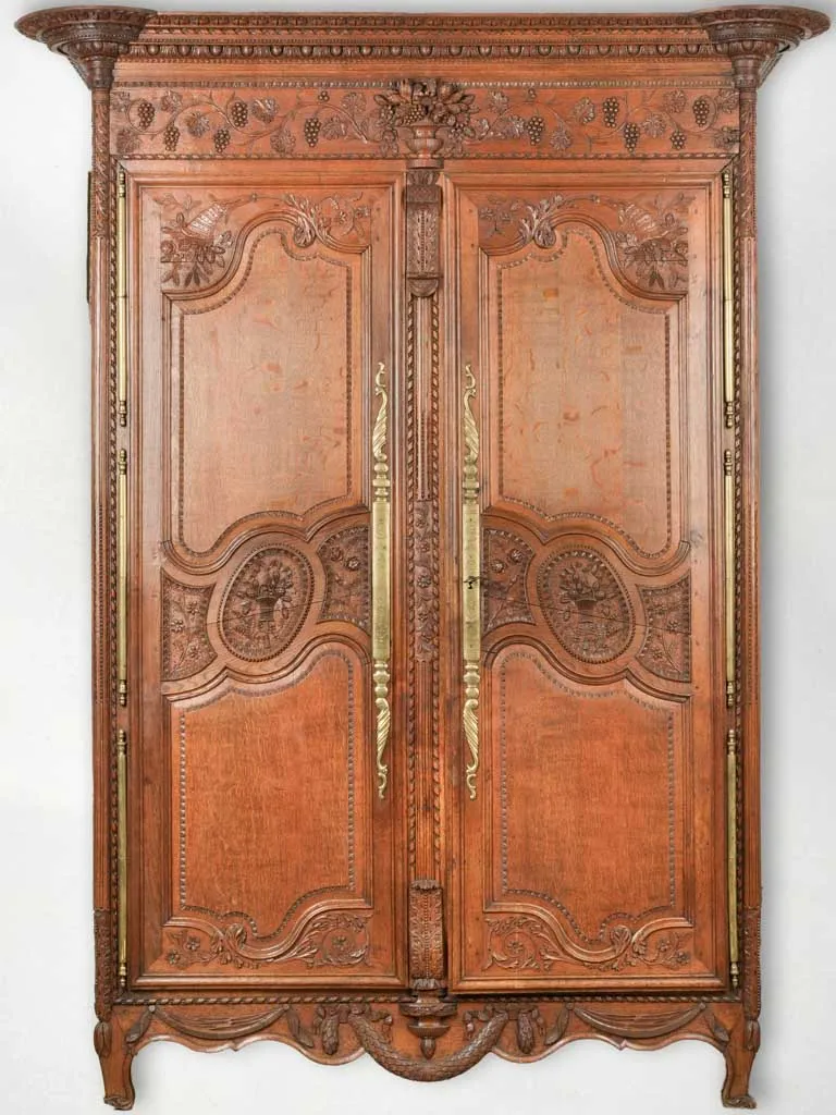 19th-Century Normandy Oak Wedding Armoire with Carvings 90¼" x 67¼"