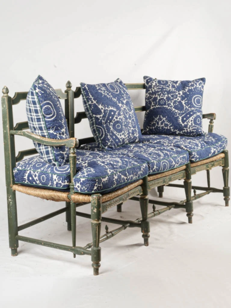 18th-Century Provençal Bench Seat w/ Original Green Paint & Rush Seat - 71¾"