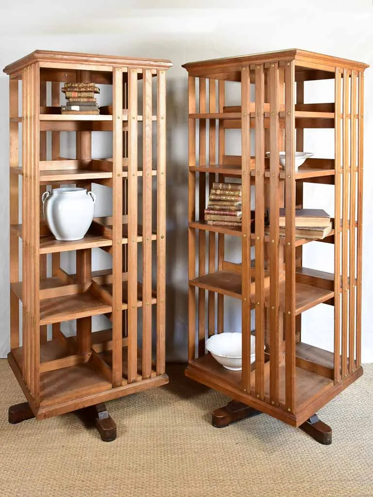 Rare pair of early 20th-century revolving bookshelves - oak 72"