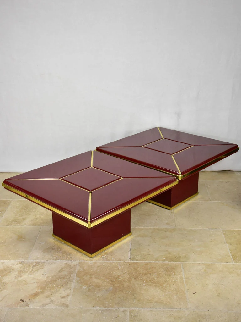 Pair of superb Burgundy red coffee tables - lacquer and brass 31"