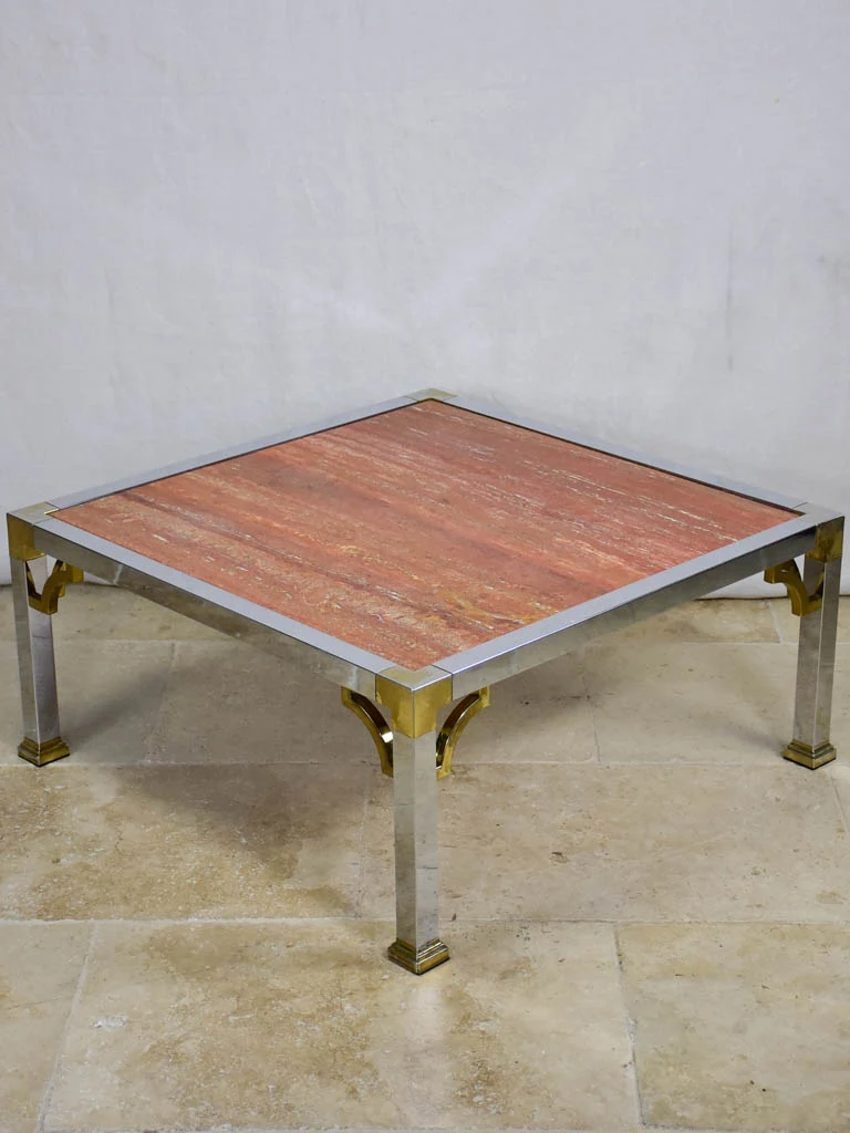 Red travertine Italian coffee table with chrome frame - 1970's/80's 30¼"