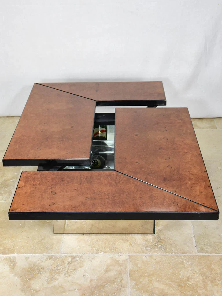 Superb elm wood coffee table with hidden bar attributed to Paul Michel 1980 31" x 49¼"