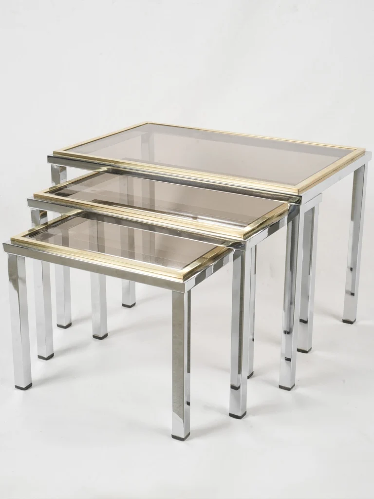 Set Of 3 1970s Chrome & Brass Nesting Tables w/ Smoked Glass Tops