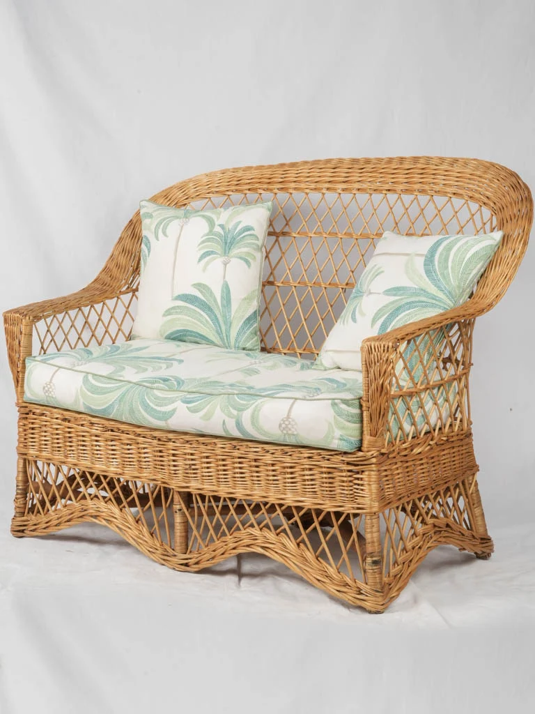Small Vintage Wicker 2-Person Settee w/ Palm Tree Upholstery