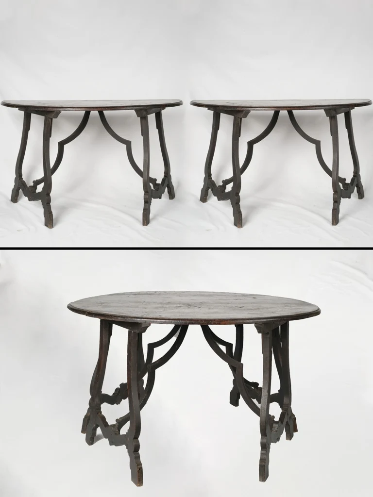 Rare Pair of 18th-Century Northern Italian Demi-Lune Console Tables in Blackened Walnut