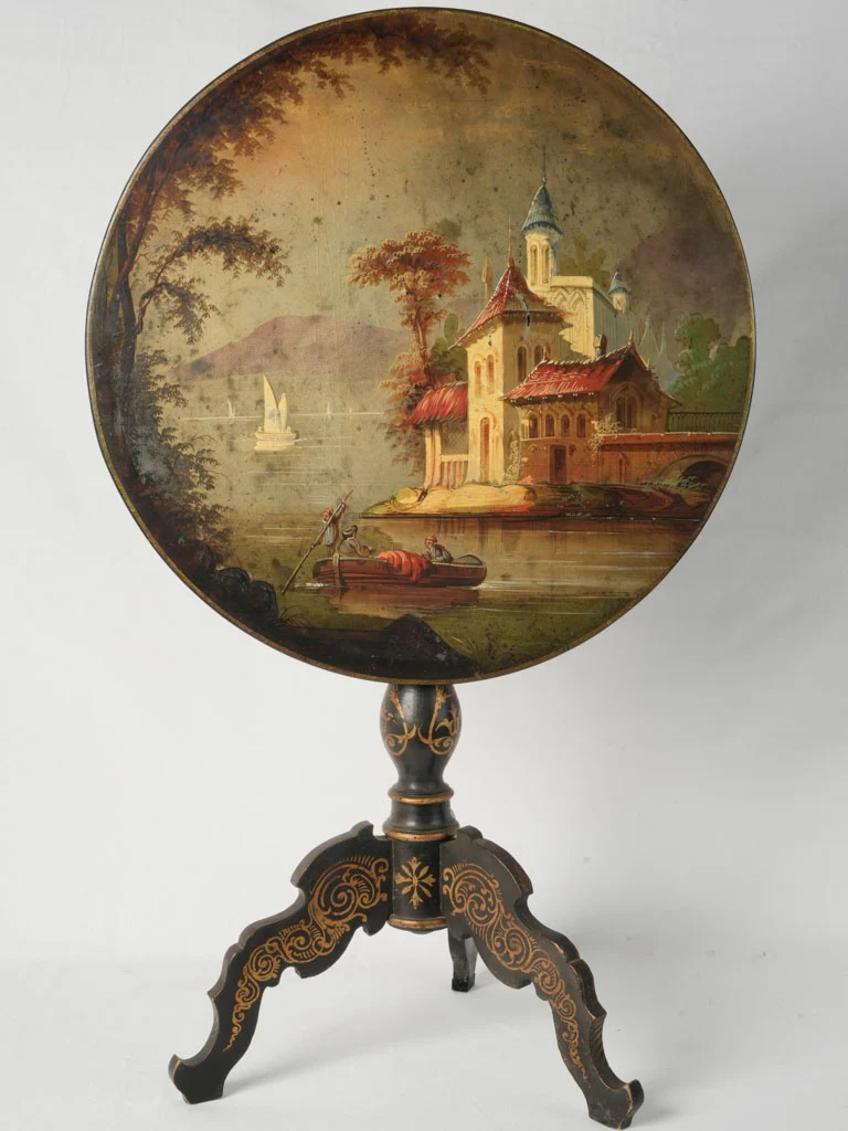 Napoleon III Folding Side Table w/ Painted Romantic Landscape Scene 29¼"