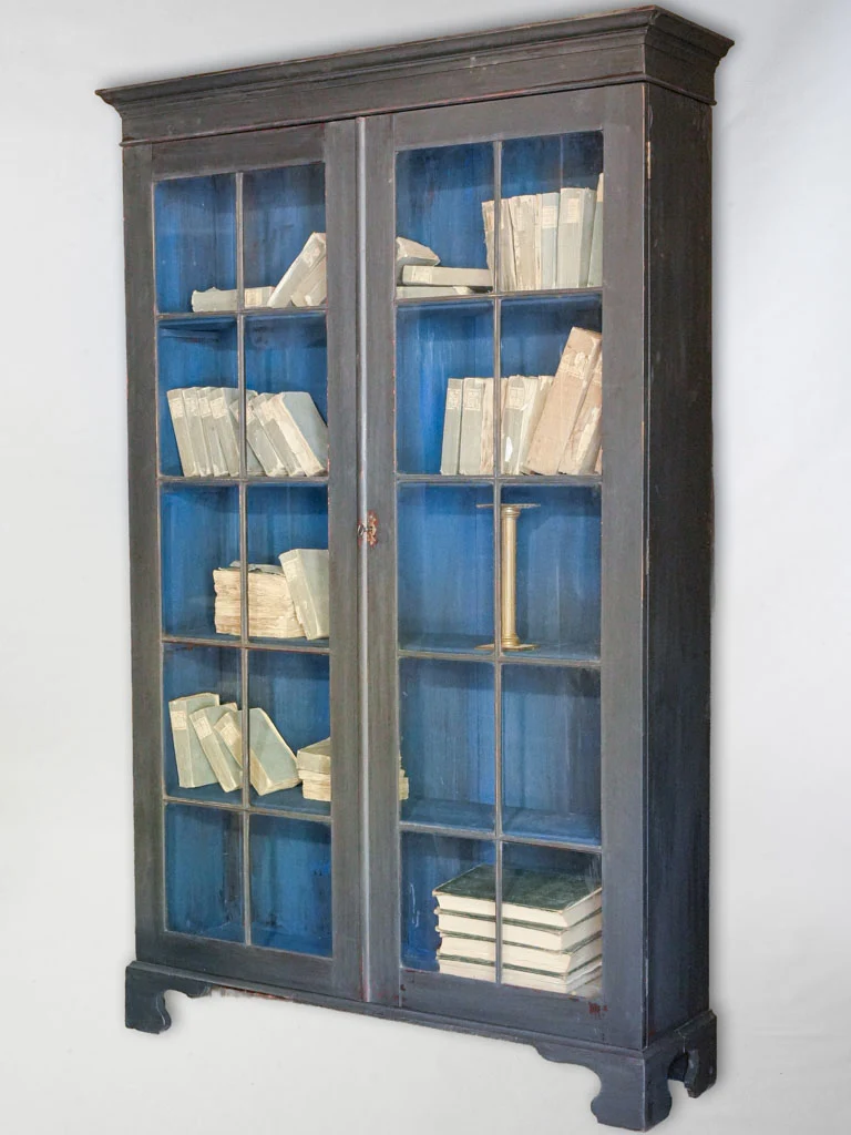Compact Painted Bookcase w/ Glass Doors in Blue & Black c. 1880 - 78¼" x 47¼"