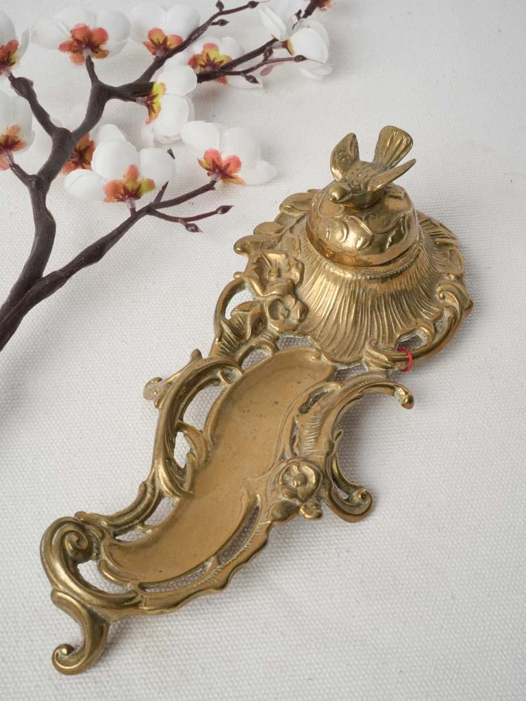 Late 19th Century Gilt Brass Pen Tray and Inkwell w/ Dove - 9"