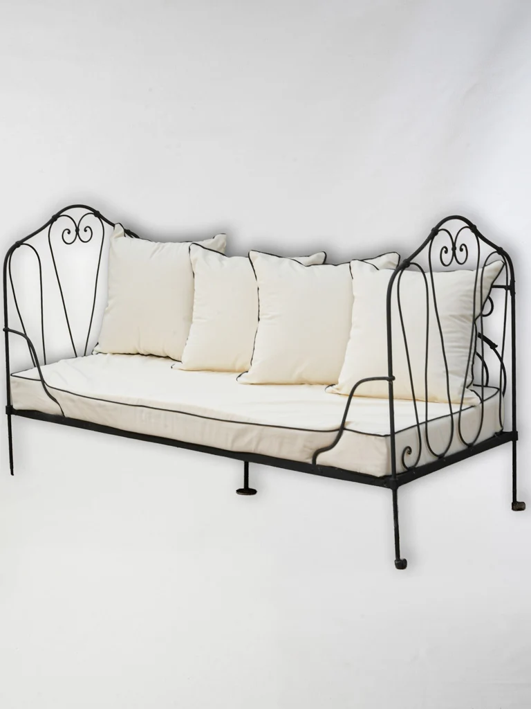 Late 19th-Century French Iron Daybed Bench w/ New Cream & Black Cushions - 70¾" x 31½"