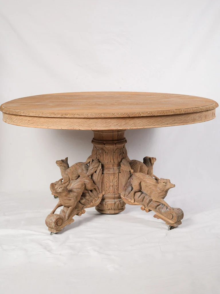 French Henry II-Style Oak Round Hunting Table w/ Carved Animal Base - 52"