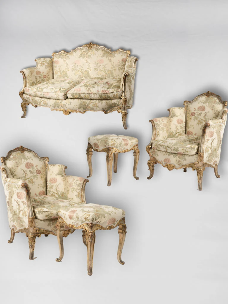 Antique Louis XV-style furniture set - gilded w/ floral upholstery (settee and pair of armchairs w/ matching footrests)