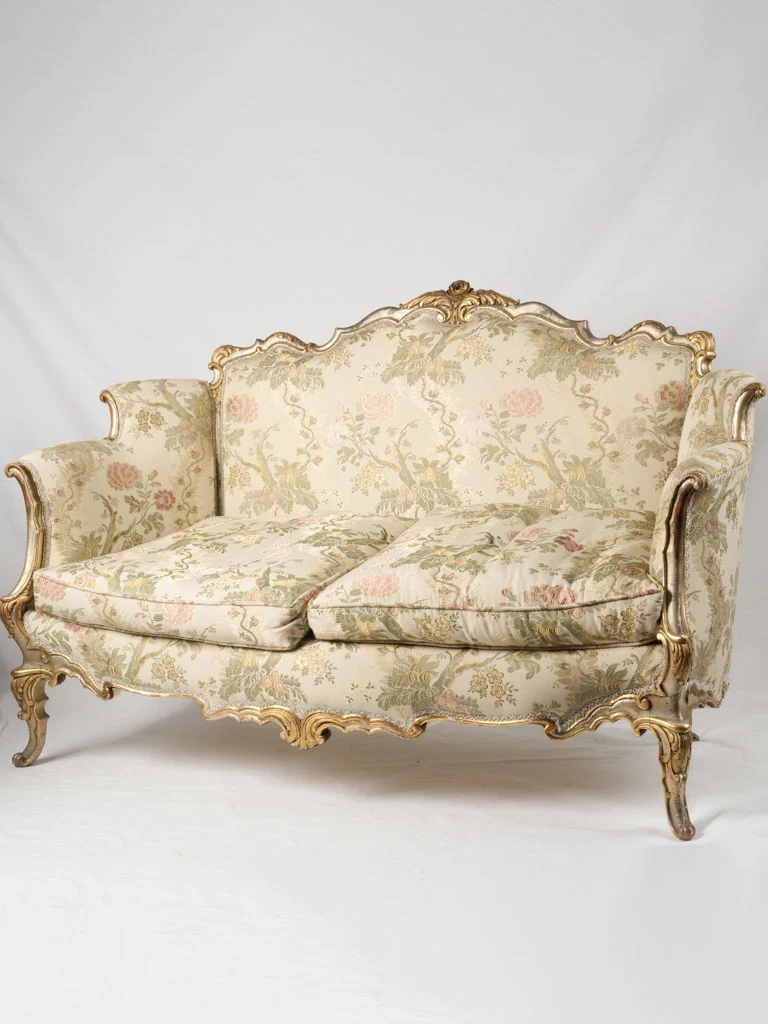 Antique Louis XV-style settee sofa - gilded w/ floral upholstery 39½"