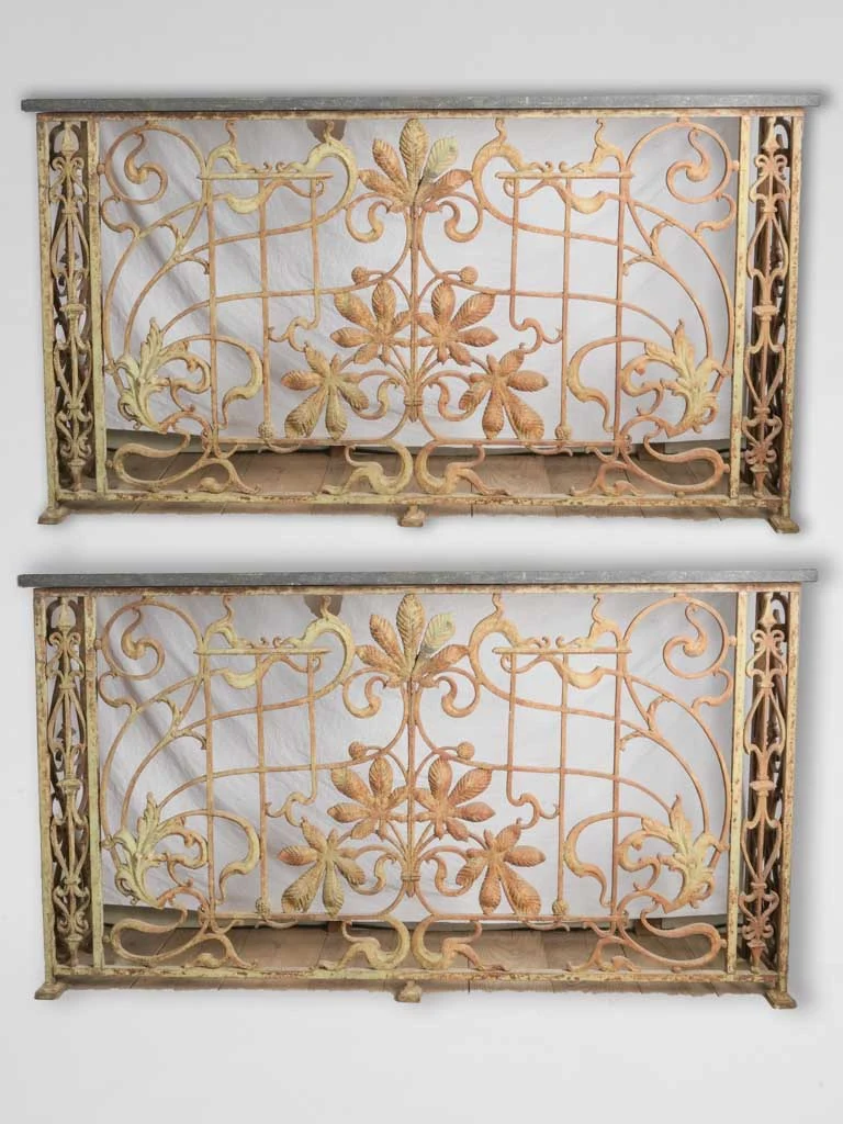 Pair of antique French consoles w/ Art Deco foliage iron work 72"