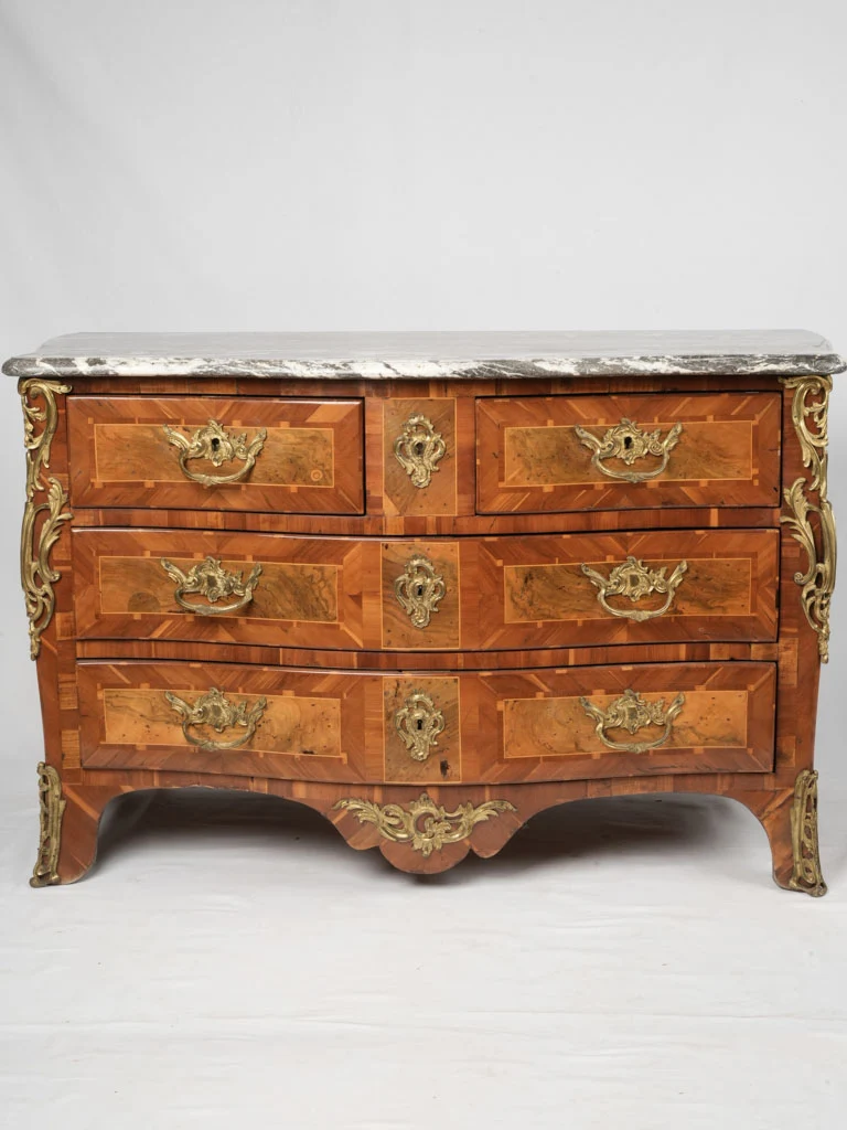 18th century four-drawer French commode w/ marble top and lovely marquetry 35½"