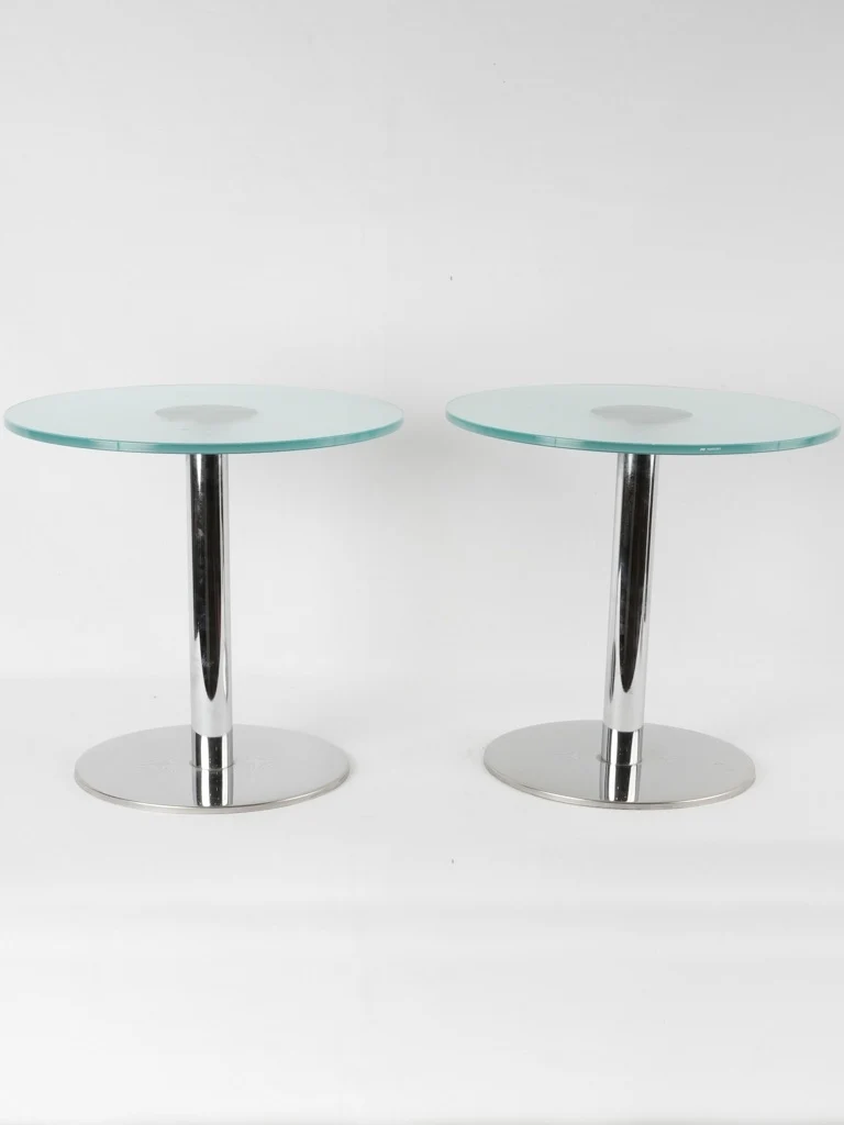 Pair of round vintage side tables - opaque glass & chrome 17¼" x 18"