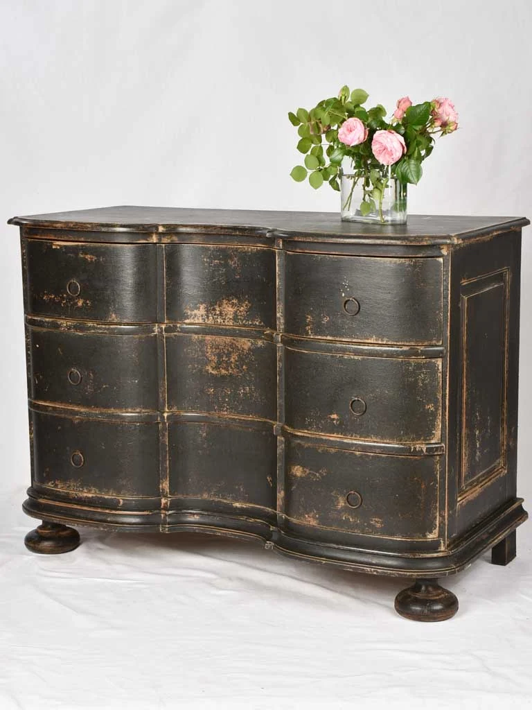 Gustavian 3 drawer double arbalette commode w/ black patina 65¼"
