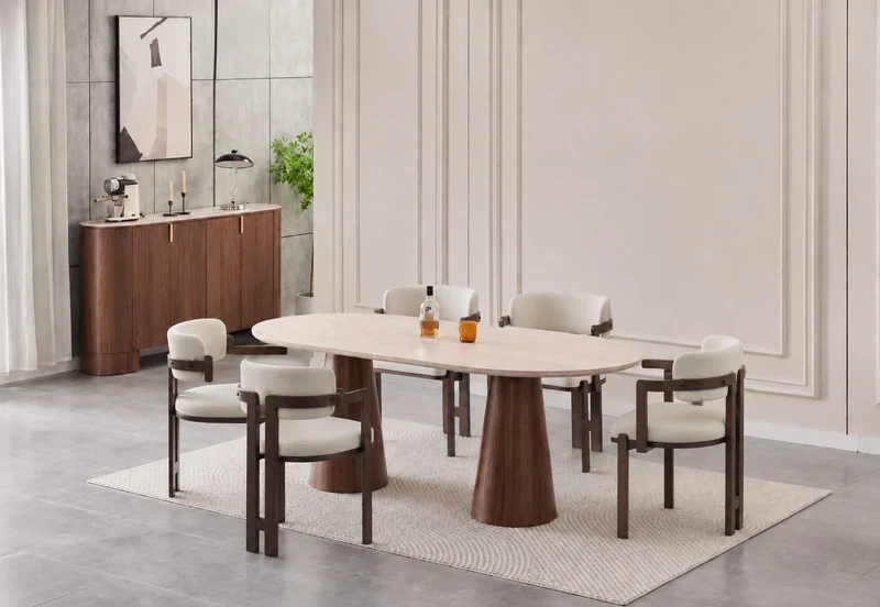 Lot table à manger Iconic 180x90cm effet travertin + chaises Mellow effet noyer