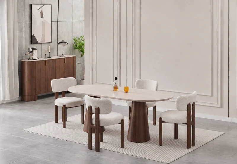 Lot table à manger Iconic 180x90cm effet travertin + chaises Hera effet noyer