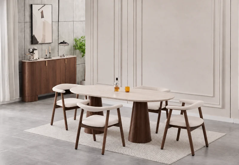 Lot table à manger Iconic 180x90cm effet travertin + chaises Berita effet noyer