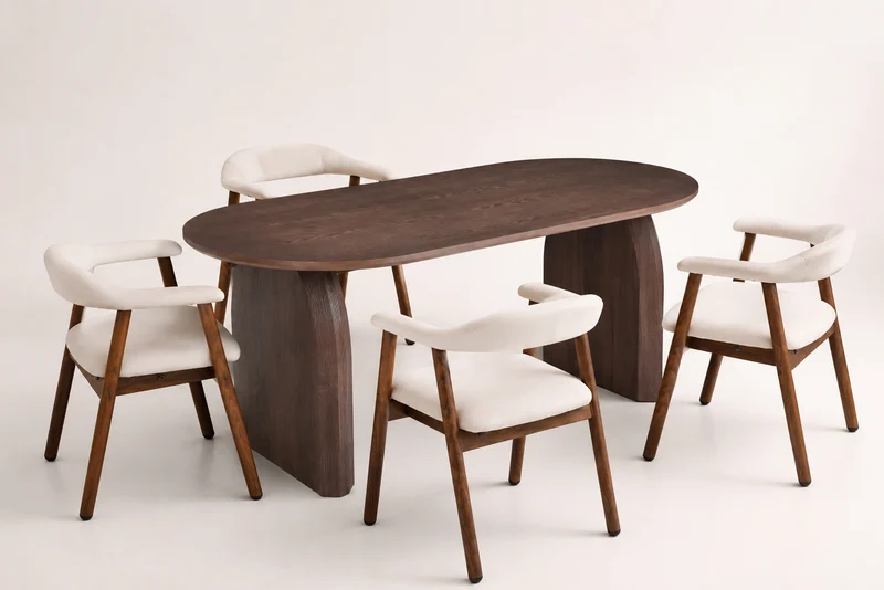 Lot table à manger Helen 160x90cm effet bois noyer + chaises Berita effet noyer