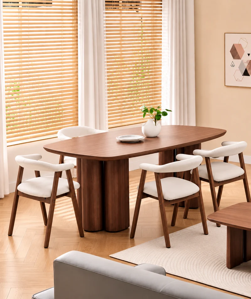 Lot table à manger Trinity effet noyer + chaises Berita effet noyer