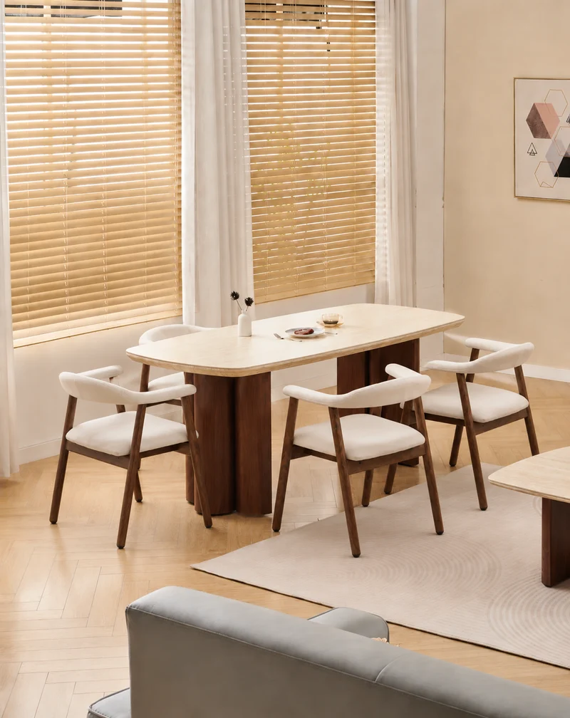 Lot table à manger Trinity effet travertin + chaises Berita effet noyer