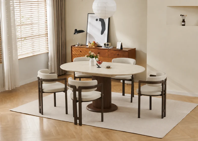 Lot table extensible Sofia travertin/ noyer + chaises Mellow effet noyer