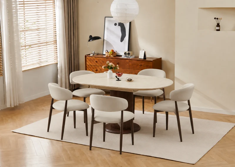 Lot table extensible Sofia travertin/ noyer + chaises Lucile effet noyer