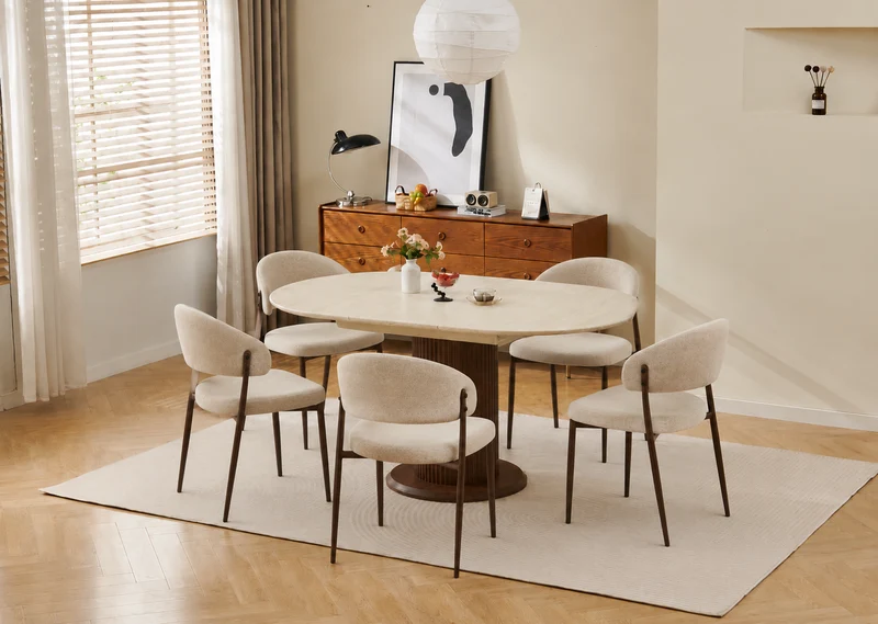 Lot table extensible Sofia travertin/ noyer + chaises Lamia effet noyer