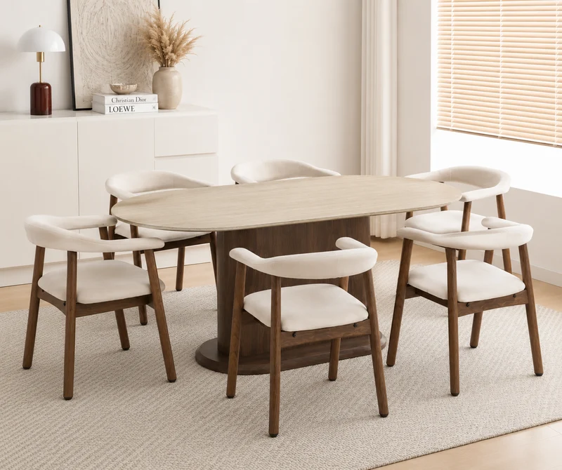 Lot table à manger Loka travertin/ noyer + chaises Berita effet noyer