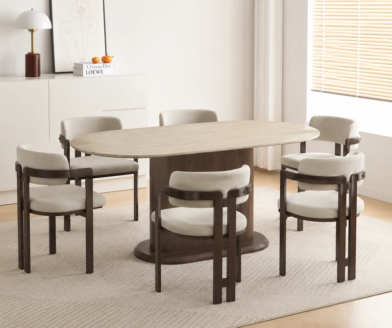 Lot table à manger Loka travertin/ noyer + chaises Mellow effet noyer