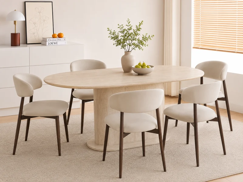 Lot table à manger Loka travertin+ chaises Lucile effet noyer