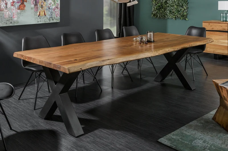 Table à manger en bois massif MAMMUT NATURE 240cm bord en acacia cadre en X plateau 6cm