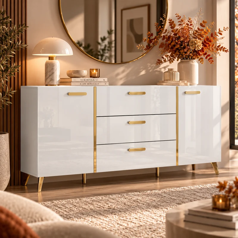 Commode MOBILIER 1 Comfivo Teslomo 109 (Blanc + Blanc brillant)
