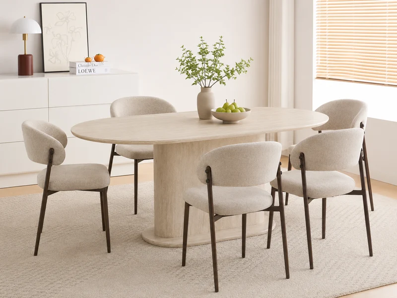 Lot table à manger Loka travertin+ chaises Lamia effet noyer