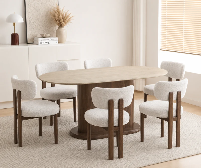 Lot table à manger Loka travertin/ noyer + chaises Hera effet noyer