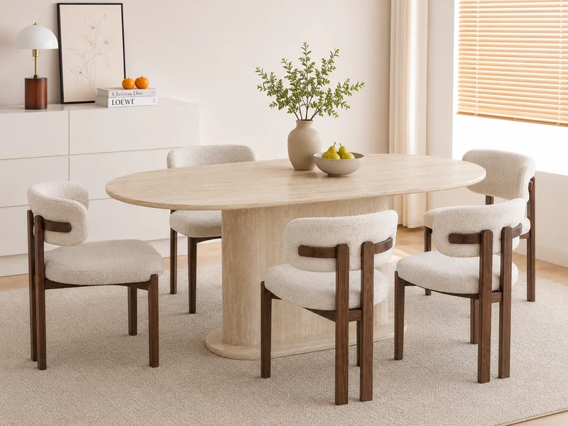 Lot table à manger Loka travertin+ chaises Hera effet noyer