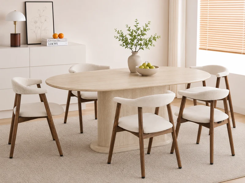 Lot table à manger Loka travertin+ chaises Berita effet noyer