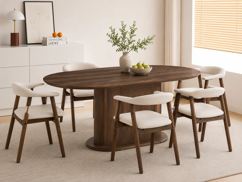 Lot table à manger Loka + chaises Berita bois noyer