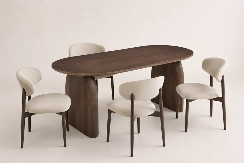 Lot table à manger Fluide + chaises Lucile effet noyer