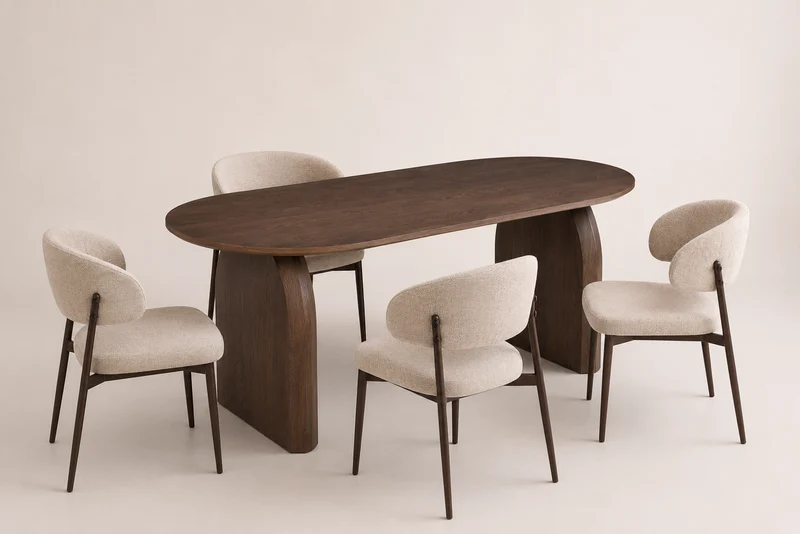 Lot table à manger Fluide + chaises Lamia effet noyer