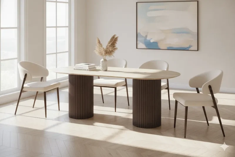 Lot table à manger Keysha travertin/noyer + chaises Lamia marbella/noyer