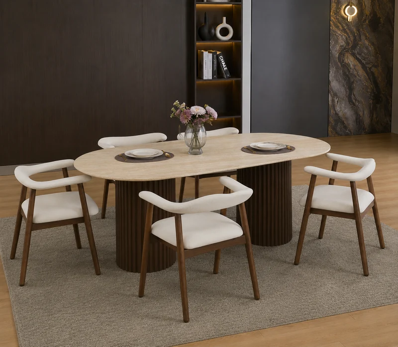 Table à manger Keysha + chaises Berita bois noyer