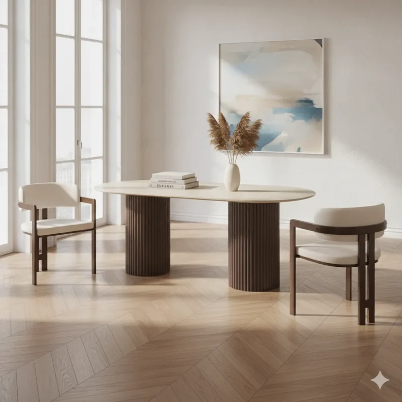Table à manger Keysha travertin/noyer + chaises Mellow chenille/ noyer