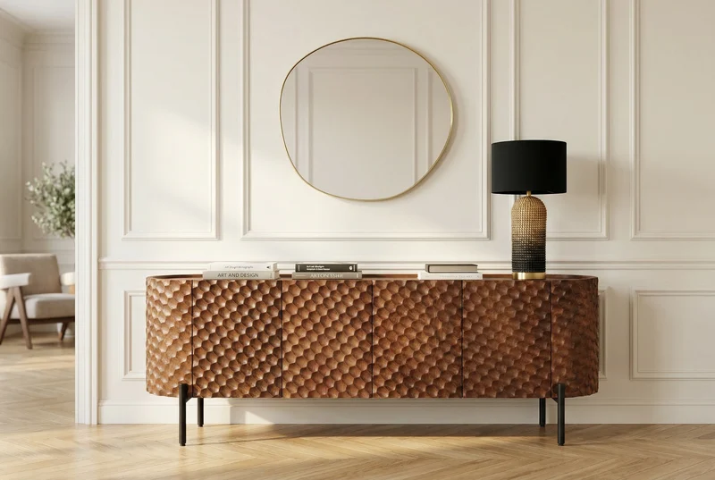 Meuble TV massif ADLON 160 cm en manguier marron métal noir avec façade 3D