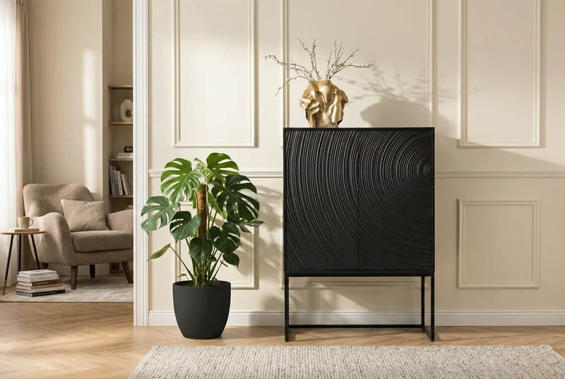 Buffet haut design ORBIT 120cm en manguier noir avec façade 3D en métal