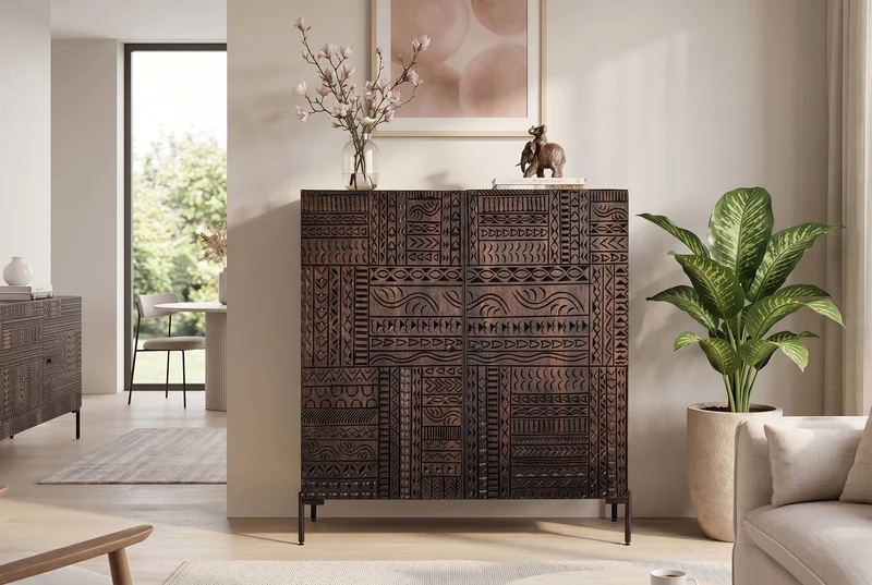 Buffet haut massif TRIBAL 120cm en manguier marron antique Façade 3D nombreux rangements