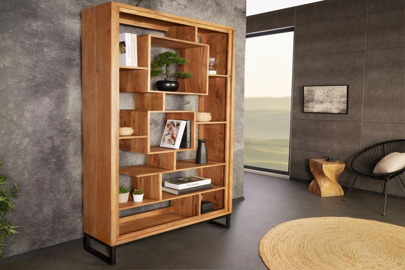 Bibliothèque en bois massif CUBUS 190cm acacia finition miel pieds métal étagère sur pied noire