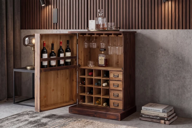 Meuble bar design BODEGA 90cm casier à vin en bois de pin naturel porte-verre tiroirs